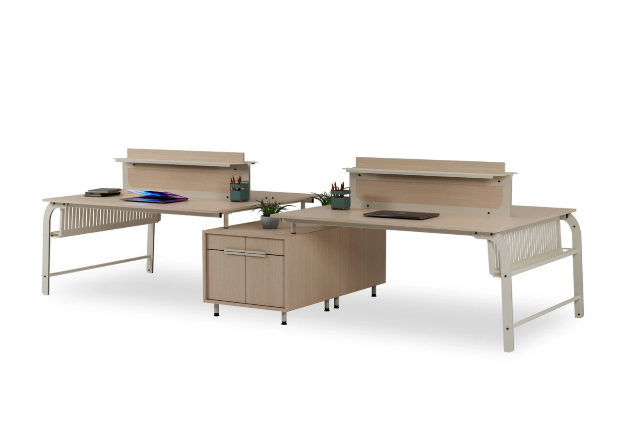 dortlu ofis calisma masasi bej sag gorseli