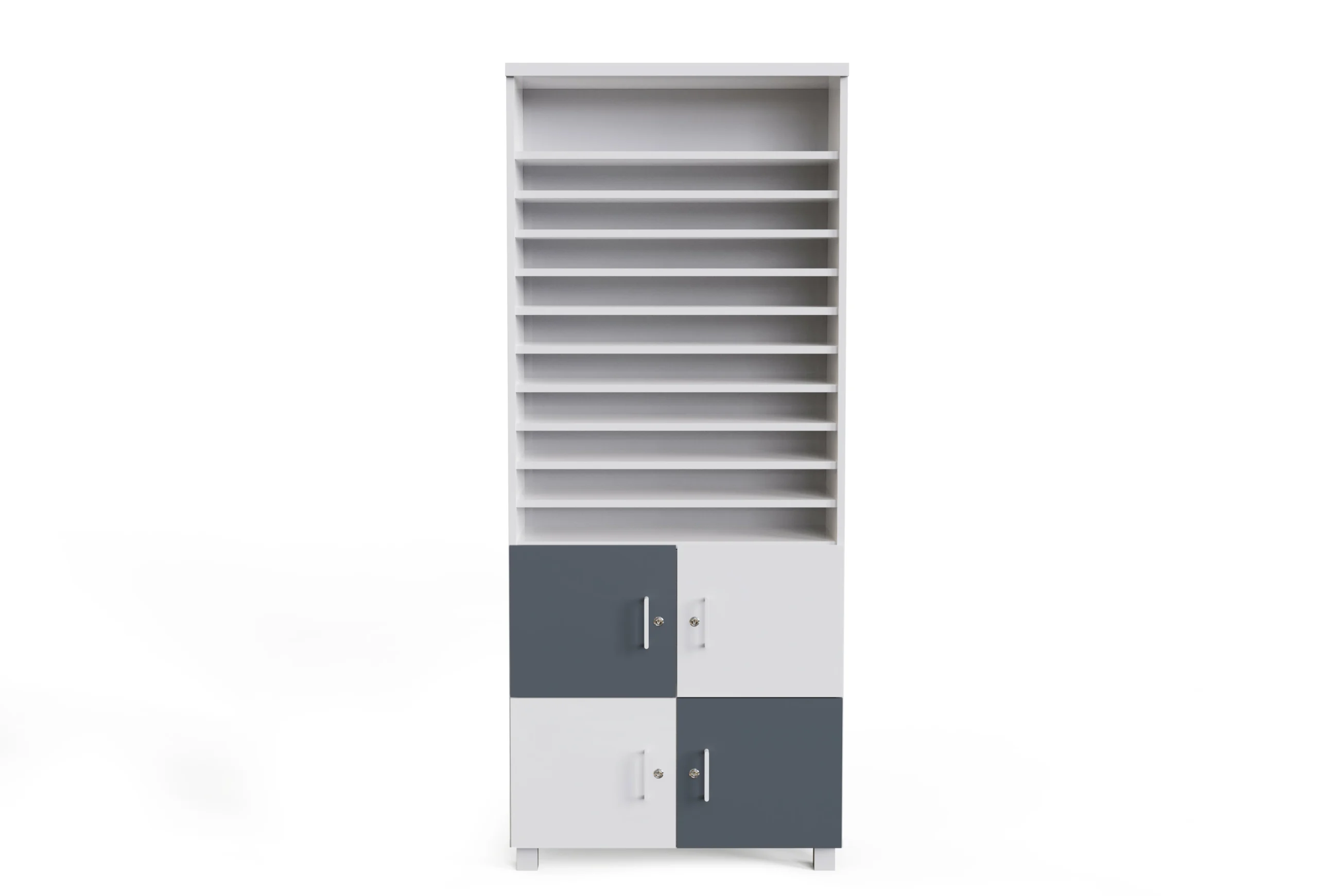 Proje Dolabı 11 Raflı 4 Dolap Beyaz Antrasit Ön